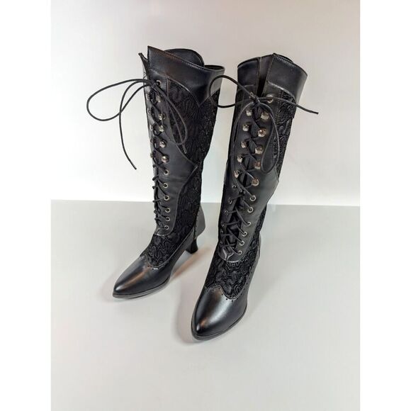 Victorian Boots Size 4 Black Lace Up Knee High Edwardian Witchy Regency Lolita - Picture 3 of 13